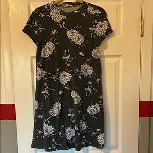 Pink Rose White and Green Mini Sundress with Crew Neck